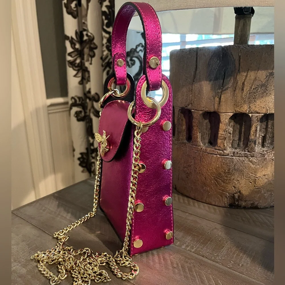 NWOT Vera Pelle Italian Leather Bee Handbag in Metallic Pink and Brilliant Gold - Picture 5 of 16